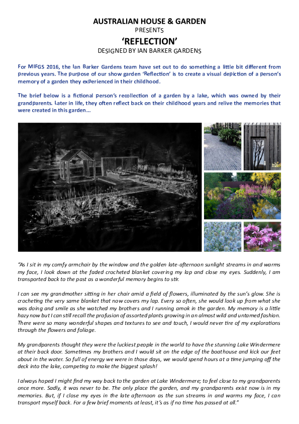Design Brief for Melbourne landscape design company Ian Barker Gardens' 2016 Melbourne International Flower & Garden Show entry 'Reflection'.