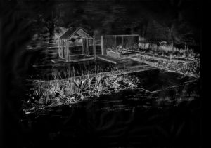 Hand drawn perspective sketch of the Ian Barker Gardens Melbourne International Flower & Garden Show entry 'Reflection' presented by Australian House & Garden.