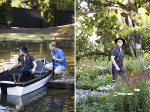 Comedian Joel Creasey visits the Ian Barker Gardens show garden Reflection at the 2016 Melbourne International Flower & Garden Show
