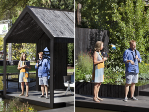 Helen Young from Australian House & Garden magazine and Ian chatting about Reflection at the Melbourne International Flower & Garden Show 2016