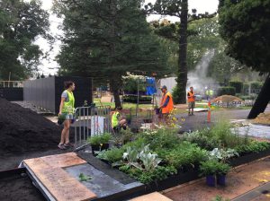 Ian Barker Gardens Design Manager Bethany Williamson, Planting Designer Lizzie Earl and Mike from Antique Perennials placing plants in the garden beds at MIFGS 2016