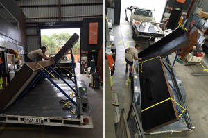 Water feature from Lump being transported to the Carlton Gardens ready to be placed in the Ian Barker Gardens show garden 'Reflection' presented by Australian House & Garden.