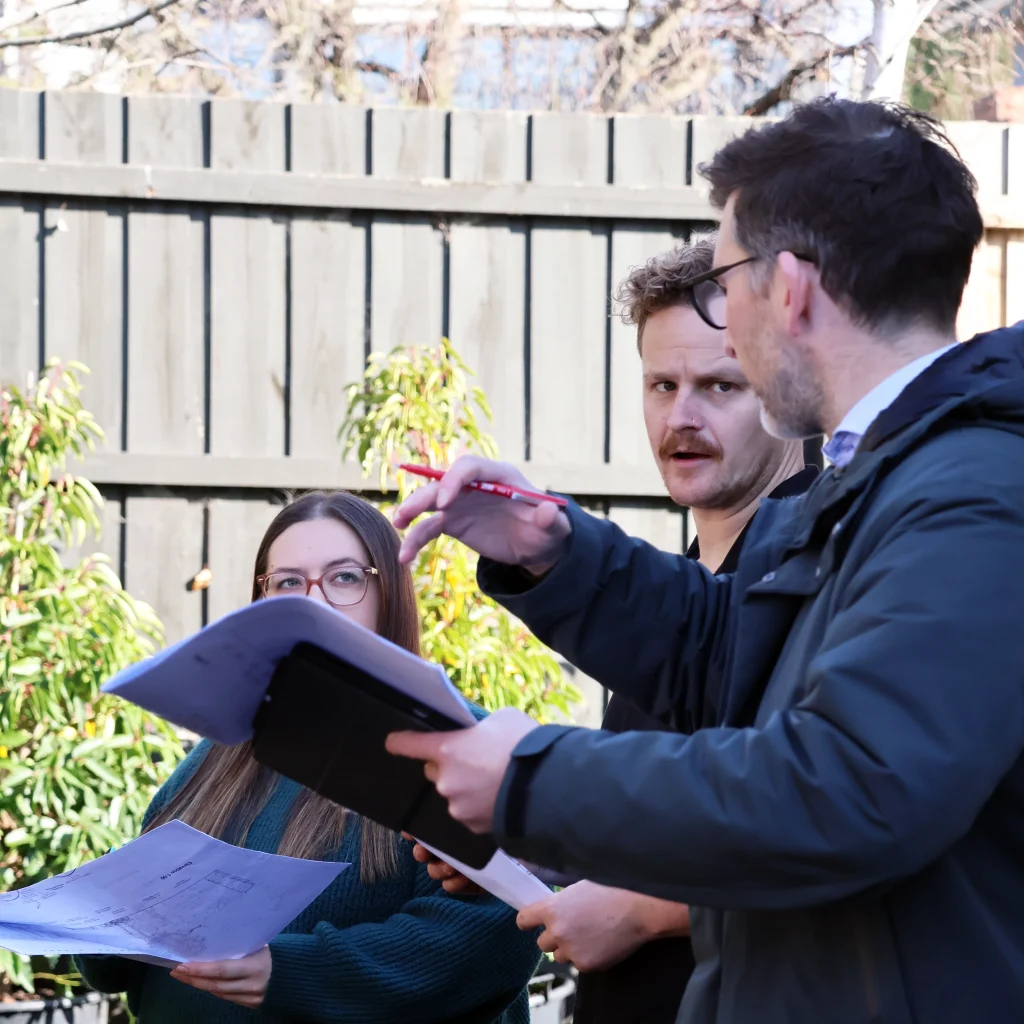 What to expect when working with a landscape designer: Ian Barker Gardens team at a site visit.