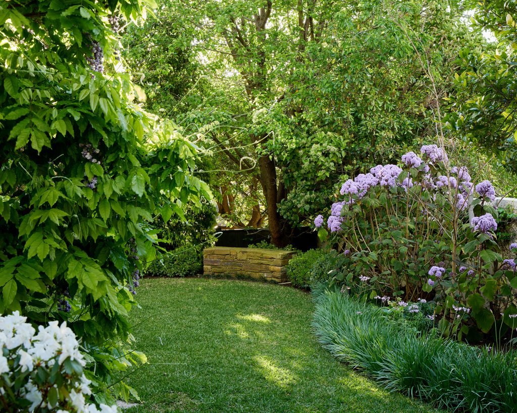 A landscape design in Toorak, Victoria, designed by Ian Barker Gardens. With a focal bench seat, and lush green lawn, with surrounding lush garden beds.